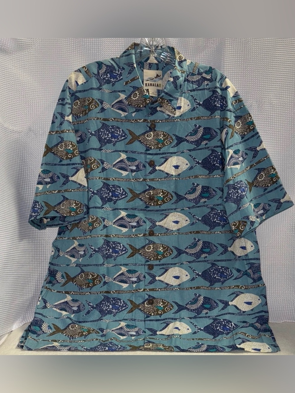 KAHALA Hawaiian Shirt Cotton Blue Pocket Fish Floral Sz XL